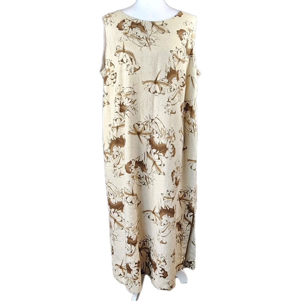 Norton Mcnaughton Midi Dress Womens 2X Brown Linen Blend Casual Cottagecore‎ VTG